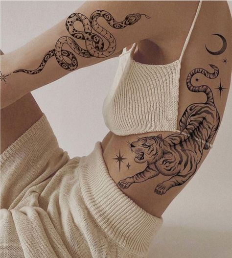 Tiger On Side Tattoo, Tradition Tiger Tattoo, Leg Tiger Tattoos Women, 2 Tiger Tattoo For Women, Celestial Tiger Tattoo, Tiger Tattoo For Women Back Design, Tiger Collar Bone Tattoo, Tiger Tattoo For Women Traditional, Moon Tiger Tattoo