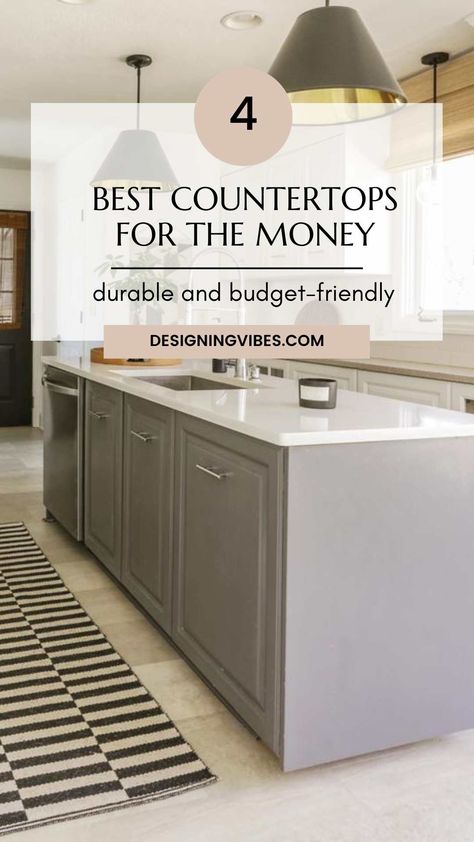 The 4 Best Kitchen Countertop Materials for the Money Best Kitchen Countertops Budget, Kitchen And Countertop Ideas, Cheapest Solid Surface Countertop, Kitchen Countertops Materials, Kitchen Counter Renovation, Kitchen Countertops Remodel, Kitchen Tiles Countertops, Quartz Alternative Kitchen Counters, Cost Effective Kitchen Countertops