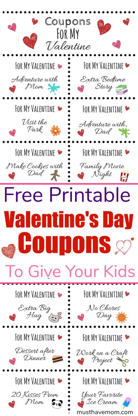 Free printable Valentine's Day coupons to give your kids! Show your love with these fun kids coupons! via @musthavemom Valentines Day Promo, Happy Valentines Day Printable, Kids Coupons, Classroom Party Games, Seasonal Printables, Valentine's Day Crafts For Kids, Valentine's Day Printables, Valentines Coupons, Holiday Crafts For Kids