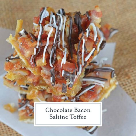 Chocolate Bacon Saltine Toffee - A Delicious Cracker Candy Recipe - Chocolate Bacon Saltine Toffee is made up of crackers, bacon, and chocolate! So delicious, easy to make and the perfect addition to any holiday cookie tray! #chocolatebaconsaltinetoffee Cracker Candy Recipe, Saltine Toffee, Fabulous Desserts, Cracker Candy, Cracker Toffee, Chocolate Bacon, Chocolate Candy Recipes, Toffee Recipe, Candy Recipe