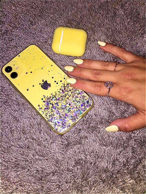 #iphone11 #iphone11yellow #nails #airpods #airpodscase #yellow #yellowairpodscase #glitter #yellownails #aesthetic Yellow Iphone Aesthetic, Yellow Iphone 11 Aesthetic, Iphone 11 Yellow, Ariana Grande Yellow Aesthetic, Iphone Xr Yellow Aesthetic, Yellow Nails, Yellow Aesthetic, Iphone 11, Phone Cases