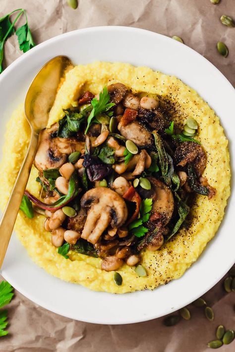 This Vegan Polenta recipe is served with Mushrooms and Beans for an easy 30-minute dinner packed with whole grains and plant-based protein. Polenta Dinner Recipes, Vegetarian Polenta, Polenta Dinner, Polenta Recipes Vegan, Polenta With Mushrooms, Polenta Vegan, Beans Dinner, Vegan Polenta, Creamy Beans