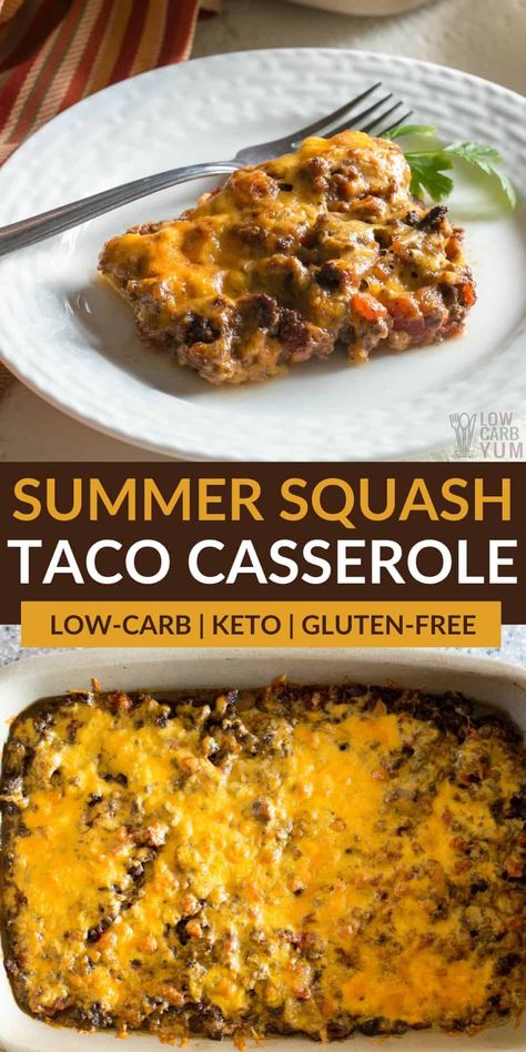 This low carb taco casserole ground beef back is perfect for family weeknight dinners. It's a keto casserole that takes less than 15 minutes to prepare. Ground Turkey Spaghetti Squash, Turkey Spaghetti Squash, Ground Turkey Spaghetti, Turkey Spaghetti, Yellow Squash Casserole, Summer Squash Recipes, Yellow Squash Recipes, Green Chilis, Vegan Casserole