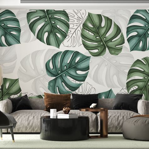 Monstera Leaves Wallpaper Tropical Big Leaves Wall Mural Easy Removable Wallpaper Watercolor Monstera Mural Tropical Wallpaper. Leaf Mural ⭐ CUSTOM MADE AND CUSTOMIZABLE ⭐ POSTER WALLPAPERS - WALL MURALS Monstera leaves wallpaper. Living room wallpaper. Green tropical mural. Trend wallpaper. Modern tropical wallcovering. Monstera leaf pattern mural. Big leaves wallpaper. Big leaves wallpaper Line art leaves detail tropical leaves wallpaper Custom size wallpaper Custom dimensions mural You ca... Leaves Wallpaper Living Room, Monstera Mural, Monstera Leaves Wallpaper, Wallpaper Line Art, Line Art Leaves, Leaf Mural, Monstera Leaf Pattern, Trend Wallpaper, Tropical Mural