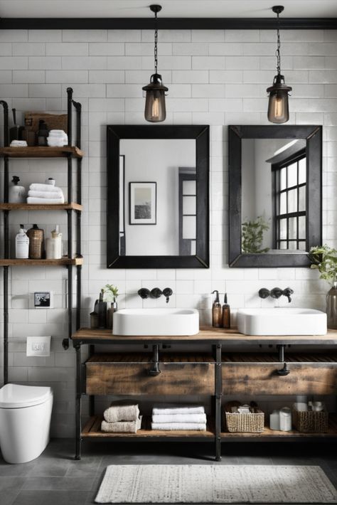 The perfect marriage of blackened steel and weathered wood creates an industrial masterpiece that's both edgy and inviting. #IndustrialChic #BathroomDesign #SteelAndWood Industrial Shelving Bathroom, Industrial Contemporary Interior, Industrial Bathroom Shelves, Rustic Industrial Decor Bathroom, Small Modern Rustic Bathroom, Industrial Boho Bathroom, Industrial Bathroom Decor Ideas, Industrial Farmhouse Decor Ideas, Industrial Farmhouse Bathroom Ideas