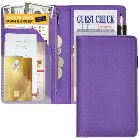 PRICES MAY VARY. Be Professional – This server book has 7 multi-function compartments which can effectively organize the Cash,Coin,Guest check book,Business cards, Credit cards, Receipt book,Tip sheet,Pen. Separated the zipper pouch from the writing board help the server write smoothly while keeping the money safe and secret. Practical Size – The size of this serving book: 8 inch * 5 inch * 0.4 inch, the expansion size: 10.35 inch * 8 inch.It is a moderate size fit many restaurant server apron p Books Organizer, Server Books, Waitress Book, Restaurant Server, Server Book, Server Apron, Book Business, Guest Check, Check Book