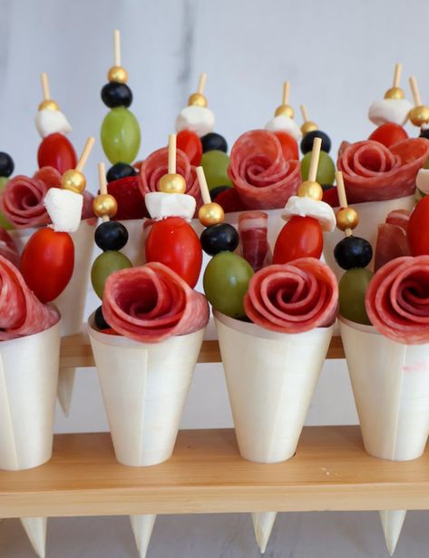 Charcuterie cones - Golden Grace Kitchen Charcuterie In A Cone, Chacutery Cones Ideas, Charcuterie Cone Ideas, Charcuterie Cones Diy, Charcuterie Sticks, Charcuterie Picks, Charcuterie Jars, Cone Recipes, Christmas Cheeseboard