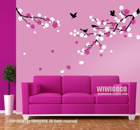 Simple Wall Paintings, Pink Painted Walls, Wall Painting Living Room, Wall Color Combination, Tree Branch Wall, Interior Design Bedroom Small, Wall Texture Design, Diy Wall Painting