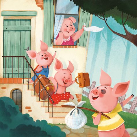 3 Little Pigs, Illustrator Portfolio, Modena Italy, Happy Pig, Pig Drawing, Pig Character, House Cartoon, Pig Illustration, Illustration Art Kids