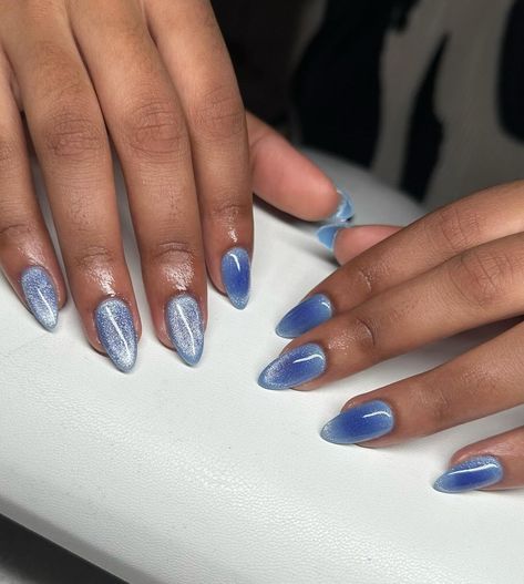 Service: Blue aura with cateye 😍💙 #JamaicanNailTech #GelXNails #NailArt #NailTechJamaica #GelXJamaica #JamaicanNailArt #NailTechLife… | Instagram Dark Blue Cat Eye Acrylic Nails, Light Blue Cateye Nails, Aura Cat Eye Nails, Cat Eye Aura Nails, Baby Blue Cat Eye Nails, Light Blue Cat Eye Nails, Blue Magnetic Nails, Cat Eye Nails Blue, Blue Cateye Nails