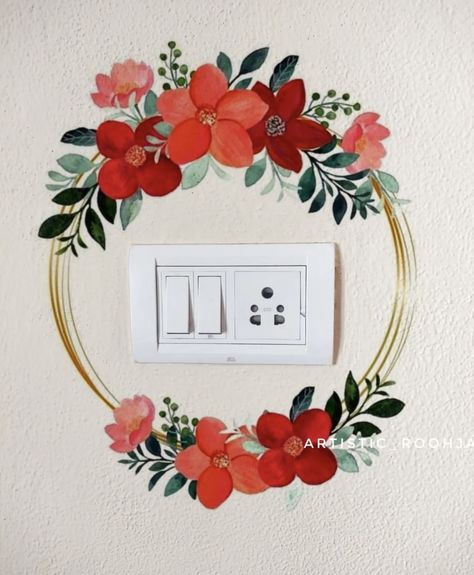 Painting On Switchboard, Wall Switchboard Painting, Painting Ideas On Switchboard, Painting Near Switch Board, Wallpaintings Ideas Simple, Painting On Switch Board, Switch Board Art Ideas Room Decor, Switchboard Art Design, Switch Board Painting Wall Art