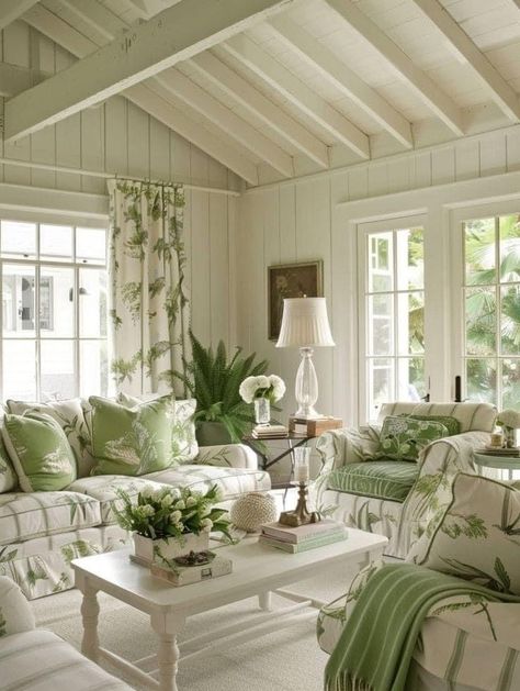 Spring Green Living Room, Calm Blue Living Room, Interior Sunroom Ideas, White And Green Room, Small Cottage Interiors Living Room, White And Green Interior, Small Cottage Living Room Ideas, French Country Sunroom, Cosy Cottage Living Room