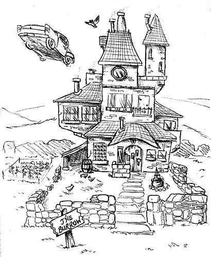 the burrow The Burrow Harry Potter, Drawing Harry Potter, Harry Potter Weihnachten, Harry Potter Sketch, Harry Potter Coloring Pages, Art Harry Potter, Harry Potter Art Drawings, Couple Drawing, Buku Harry Potter