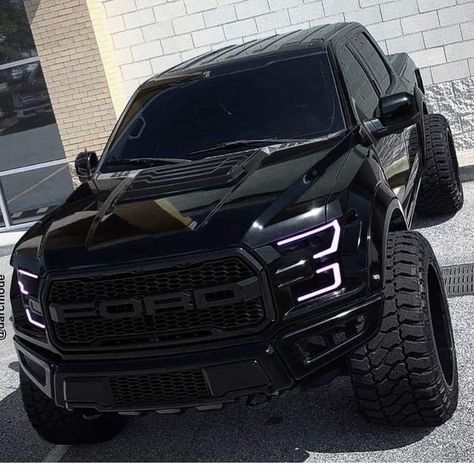 Lifted Ford Raptor Trucks, Ford F150 Raptor Black, Blacked Out Luxury Suv, Pick Up Trucks 4x4, Black Suv Cars, All Black Truck, Ford Trucks Black, Trucks Ford F150, Tactical Truck Ideas