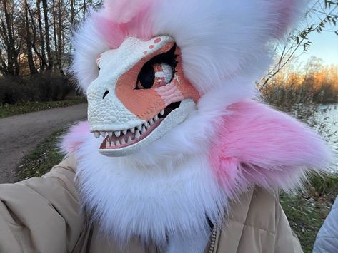 Pink Dino Mask Ideas, Raptor Masks, Dinomask Ideas, Dino Mask Ideas, Dino Masks, Fursuit Tutorial, Dino Mask, Fur Suits, Dinosaur Mask