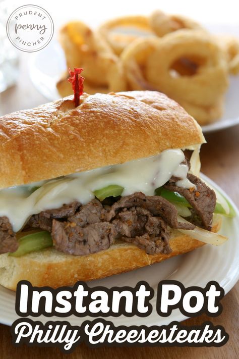 This Instant Pot Philly Cheesesteak is an easy dinner idea for busy weeknights. It's a quick meal that takes less than 30 minutes to make. This instant pot recipe makes a great family meal. The sandwich has zesty and tender beef, green bell peppers, onions and is topped with melted provolone cheese and put in a garlic butter slathered hoagie roll. Philly Cheese Steak Sandwich Recipe, Quick Easy Family Dinners, Sandwich Recipes Dinner, Philly Cheesesteak Sandwiches, Cheesesteak Sandwiches, Philly Cheese Steak Sandwich, Steak Sandwich Recipes, Philly Steak, Cheese Steak Sandwich