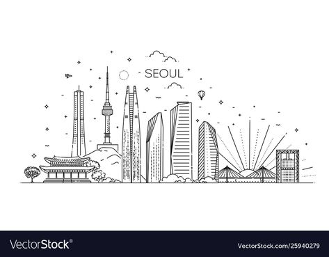 Seoul Architecture, Seoul Skyline, Vector Cityscape, Skyline Tattoo, Skyline Illustration, Video Project, Vector Graphics Design, Diy Embroidery Patterns, Famous Landmarks