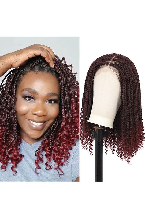 Lexqui 13X6X4 Inch Lace Front Knotless Box Braided Wigs with Boho Curly for Women Handmade Short Braided Lace Wig with Baby Hair Curl Ends Burgundy Red Synthetic Cornrow Lace Braids Hair Wig 18 Inch Braids For Black Women Red And Black, Red Short Box Braids, Wine Red Braids For Black Women, Red Layered Braids, 1b/burgundy Braids, Box Braided Wigs, Front Braid, Braided Wigs For Black Women, Braid Wigs