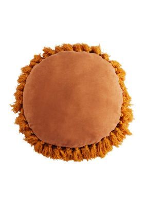 Hiend Accents Aria Round Pillow. Rustic orange faux suede round pillow. Orange yarn tassel border. Style with the Aria collection as coastal or southwestern.    Includes: (1) Pillow  Measurement: 18 in x 18 in  Care: Spot Clean Recommended    Material: Shell: 100% Polyester, Decoration: 100% Acrylic, Filling: 100% Polyester. Pillow With Tassels, Yarn Tassel, Rustic Orange, Tassel Pillow, Bedroom Orange, Round Throw Pillows, Velvet Quilt, Orange Pillows, Round Pillow