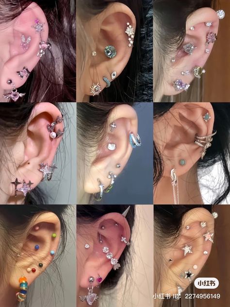 Love Piercing Ideas, Ear Scape, Silver Piercings, All Ear Piercings, Ear Piercing Ideas, Ear Piercings Chart, Jewelry Y2k, Piercing Inspo, Pretty Ear Piercings