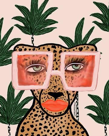 Tropical Glam Cat - Art Print Tropical Glam, Designed Wall, Broken Hearts, Cat Art Print, Cat Wall Art, Large Canvas Prints, Big Canvas Art, Pink Brown, 그림 그리기