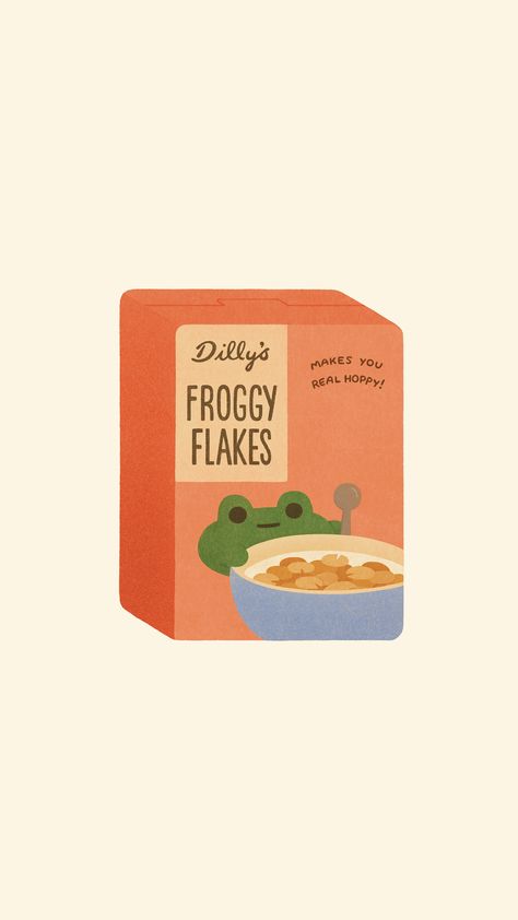 cute illustration of a Froggy Flakes Cereal box Cereal Box Ideas, Cereal Wallpapers, Cute Cereal Drawing, Cereal Box Aesthetic, Cereal Illustration, Cereal Box Design Ideas, Cereal Box Illustration, Cereal Box Design, Cute Cereal Box Design