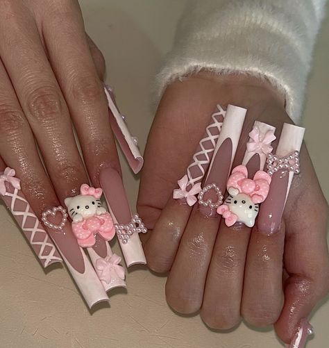 Hello Kitty Summer, Stilleto Nails Designs, Fake Nails Designs, Charmmy Kitty, Long Acrylic Nail Designs, Cute Hello Kitty, Ombre Acrylic Nails, Girly Acrylic Nails, Cute Acrylic Nail Designs