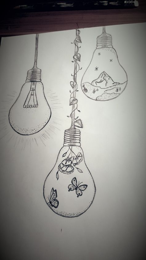 Drawing Ideas Light Bulb, Lightbulb Art Drawing, Light Bulb Drawing Creative, Light Bulb Drawing Simple, Surealisme Art Easy, Enlargement Drawing, Surealisme Art Simple, Light Bulb Art Drawing, Cool Art Reference