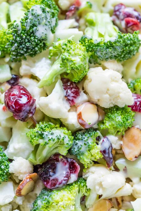 Broccoli Cauliflower Salad with honey lemon dressing always gets rave reviews. An easy, 7-ingredient favorite potluck and party salad recipe. Coleslaw Salads, Broccoli And Cauliflower Salad, Creamy Broccoli Salad Recipe, Broccoli Cauliflower Salad Recipes, Creamy Broccoli Salad, Christmas Salad Recipes, Creamy Honey, Broccoli Cauliflower Salad, Broccoli And Cauliflower