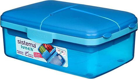 Amazon.com: Sistema Lunch Slimline Quaddie Lunch Box with Water Bottle | 1.5 L Air-Tight and Stackable Food Storage Container | Blue/Green: Home & Kitchen Lunch On The Go, Lunch Box With Compartments, School Lunch Box, Cling Film, Lunch To Go, Reusable Bottle, Fridge Freezers, Small Containers, Food Fresh