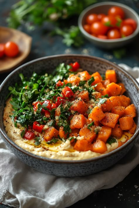 A bowl of hummus topped with diced butternut squash, chopped herbs, and tomatoes. Vegan Low Fodmap Recipes Dinner, High Fiber Low Fodmap Foods, Healthy Low Fodmap Snacks, Low Fibre Meals, Stomach Friendly Recipes, Breakfast For Sensitive Stomachs, Low Fodmap Fall Recipes, Low Fodmap Dinner Recipes Easy, Easy Digestion Recipes