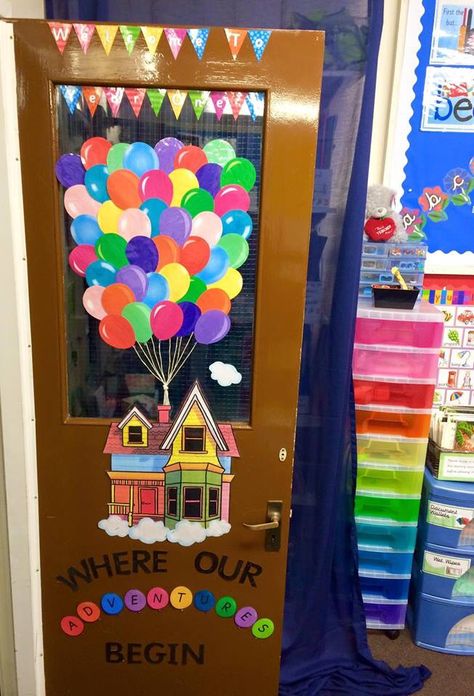 The house from 'Up' Ks1 Classroom, Classroom Door Displays, Reception Classroom, Reception Class, Eyfs Classroom, Infant Classroom, Class Displays, Classroom Layout, School Doors