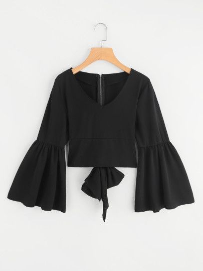 Black Crop Top Shirt, Tie Back Blouse, Crop Top Shirt, Fashion Tops Blouse, Black Crop Top, Crop Top Shirts, Trendy Clothes, Flounce Sleeve, Moda Vintage