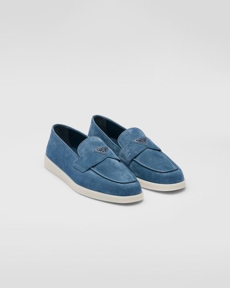 Men's Loafers | PRADA Re Edition Prada, Blue Suede Loafers, Prada Loafers, Prada Re Edition, Messenger Bag Backpack, Triangle Logo, Driving Shoes, Suede Loafers, Blue Suede