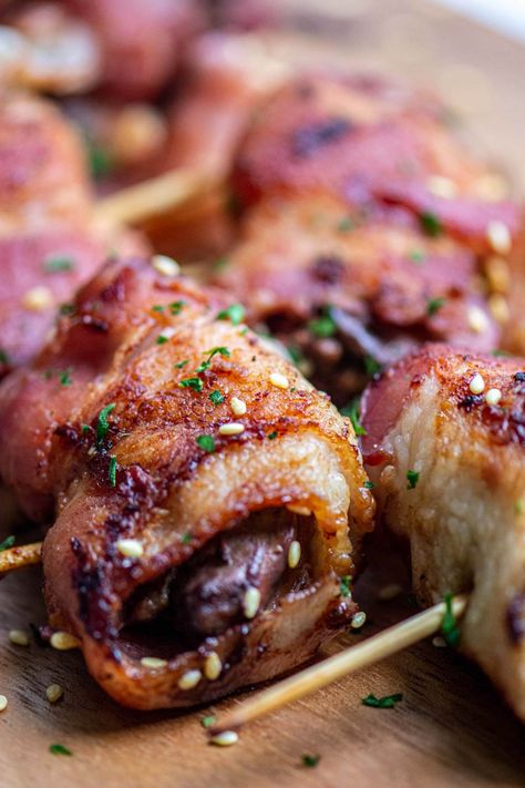 Grilled Rumaki Recipe Rumaki Recipe Chicken Livers, Rumaki Recipe Bacon Wrapped, Rumaki Recipe, Chicken Liver Recipes, Liver And Onions, Liver Recipes, Bacon Chicken, Water Chestnut, Smoked Meats