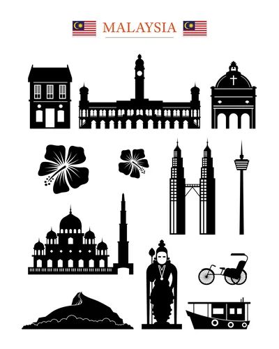 Malaysia landmarks people in traditional clothing Vector Image Object Architecture, Clothing Vector, Black And White Silhouette, Creative Presentation, Culture Travel, Traditional Clothing, Design Thinking, Architecture Building, Set Design