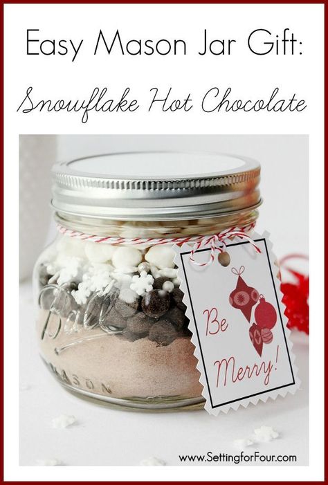 Easy DIY Jar Craft - Christmas Mason Jar Gift Idea filled with Snowflake Hot Chocolate! | www.settingforfour.com Hot Chocolate Mason Jar, Jar Food Gifts, Recipes Treats, Hello Holidays, Mason Jar Gifts Diy, Holiday Gift Tags Printable, Mason Jar Gift, Christmas Food Treats, Presente Diy