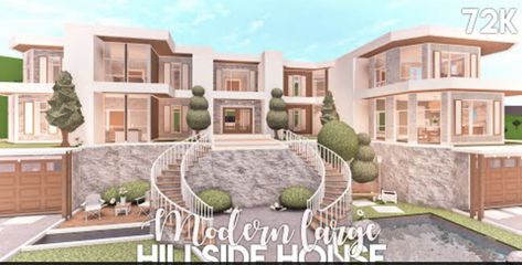 Blocksburg Mansion, Modern Mansion Exterior Luxury, Modern Family Mansion, Modern Hillside House, Mansion Houses, Family Mansion, Castle House Design, Big Mansions, Mansion Bloxburg