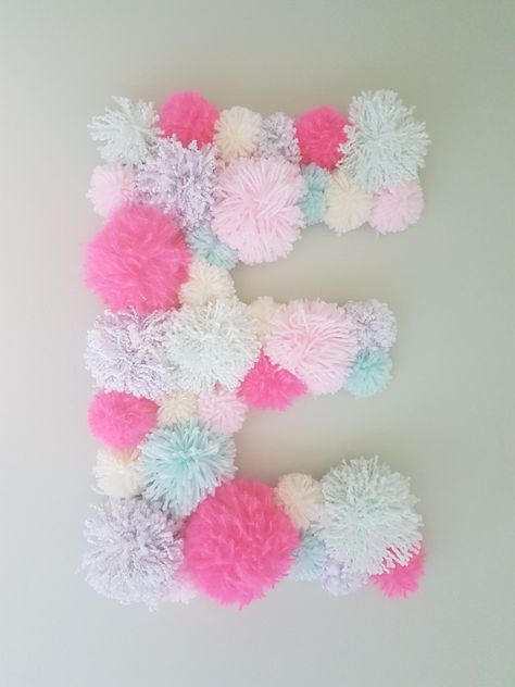 Pompom Decor, Crafts With Pom Poms For Kids, Pom Pom Wall Art, Pom Pom Crafts To Sell, Pom Pom Bedroom Decor, Pom Pom Letters Diy, Letter Pom Poms, Pom Pom Home Decor Diy, Pom Pom Art