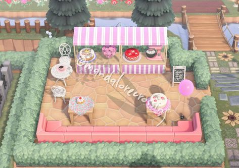 Cake Shop Animal Crossing, Animal Crossing Dessert Shop, Animal Crossing Cake Shop, Animal Crossing Bakery Ideas, Animal Crossing Fairground, Acnh Cake Shop, Cafe Animal Crossing, Acnh Bakery, Acnh Cafe