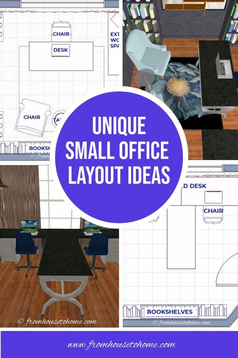 unique small office layout ideas Small Home Office L Shaped Desk Layout, Home Office Desk In Front Of Window Work Spaces, Small Office Space Layout, Home Office Addition Ideas, 5 Person Office Layout, Shared Office Layout, Office Layouts Home, 12x12 Office Design, Office Sitting Room Combo Layout