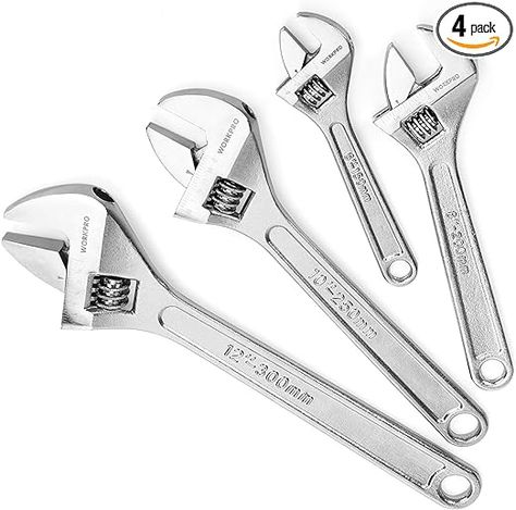 WORKPRO 4-piece Adjustable Wrench Set, Forged, Heat Treated, Chrome-plated (6-inch, 8-inch, 10-inch, 12-inch) - Amazon.com Pipe Wrench, Adjustable Wrench, Plumbing Tools, Heat Treating, Wrench Set, High Carbon Steel, Workshop Equipment, Chrome Plating, Wrench