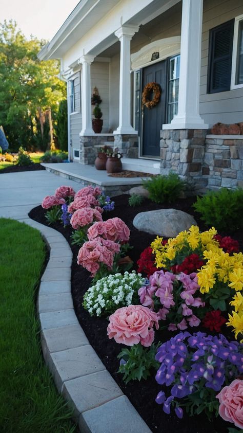 Enhance your curb appeal with stunning flower beds in front of house ideas From raised rock designs to low-maintenance DIY stone arrangements discover how to create a beautiful easy-care landscape that's perfect for fall Incorporate perennial plants and rustic white rock accents for a full-sun garden that will elevate your outdoor space Ideal for those seeking a rustic and charming vibe these Pinterest-worthy designs are sure to impress Outside Plants Front Yards, Aesthetic Front Yard, Front House Landscaping Low Maintenance, Easy Landscaping Front Yard, Full Sun Garden, Rock Designs, Outside Plants, Raised Flower Beds, Flower Bed Ideas