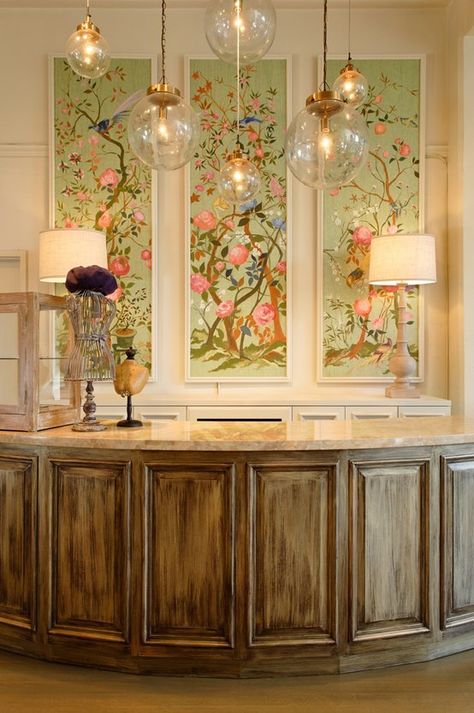 Framed Wallpaper Panels, Chinoiserie Panels, Cash Wrap, Salon Suites, Reception Room, Framed Wallpaper, Salon Design, Salon Decor, Custom Painted