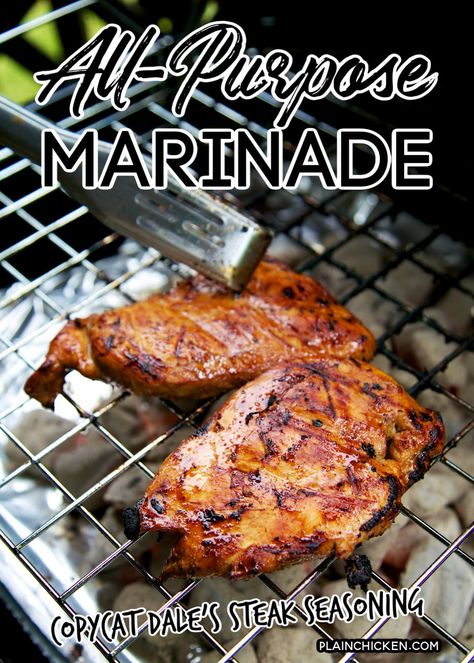 All-Purpose Marinade Recipe - soy sauce, Worcestershire, olive oil, sugar, garlic powder, onion powder and lemon juice. I always have this in the fridge. Great on chicken, pork and steak. Seriously, THE BEST marinade around! Perfect Dale's Steak Seasoning Copycat! #marinade #chicken #pork #steak #dales Grilling Marinades, Meat Marinades, Best Marinade, Chicken Marinate, Marinade Chicken, Soy Sauce Marinade, Pork Steaks, Garlic Marinade, Chicken Casseroles