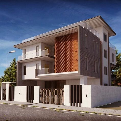 Contemporary Styled 3D Exterior View of G+2 🏡 Bungalow with Extended Concrete Slab highlighted with Grooves & Spot ✨ Lights & Glass Railing & Metal Handrail above, Exterior Staircase leading First Floor, Feature Wall with Brick Jali Wall, & Surrounded by Concrete Boundary Wall having Metal & Wooden Entry Gate - GharPedia Brick Jali Facade, Brick Jali Wall, Staircase Elevation Exterior, Concrete Boundary Wall, Brick Jali, Jali Wall, Duplex Exterior, Staircase Glass Design, Residence Elevation