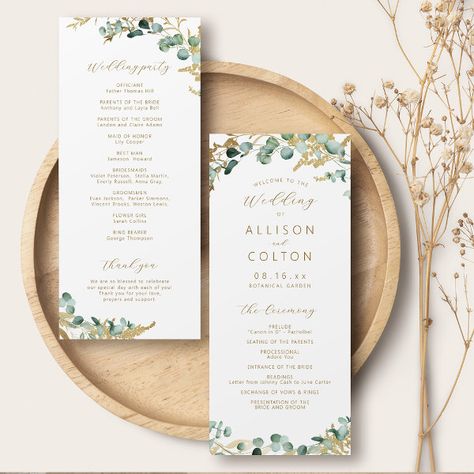 Rustic eucalyptus gold greenery boho wedding program Greenery Boho Wedding, Boho Wedding Program, Boho Country Wedding, Modern Rustic Wedding, Rustic Wedding Programs, Botanical Garden Wedding, Rustic Modern Wedding, Boho Country, Watercolor Eucalyptus