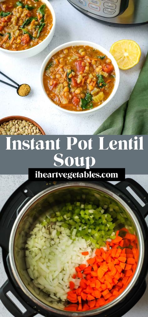 This Instant Pot Lentil Soup is loaded with vegetables for a healthy, filling meal. This cozy recipe is perfect for a busy weeknight since it cooks quickly in the Instant Pot. Lentil Soup Instant Pot, Brown Lentil Soup, Instant Pot Lentil Soup, Quick Vegetarian Dinner, Dairy Free Pasta, Vegan Lentil Soup, Roasted Butternut Squash Soup, Instant Pot Soup Recipes, Lentil Soup Recipes