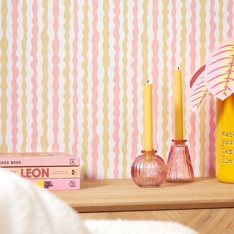 It's time to Get a Wiggle On! We're feeling light and fluffy with this heavenly candy floss and lemon colourway. Wavy stripes twirl enticingly down this striped wallpaper design, making this design perfect for a magnetic feature wall. Decorate with bright pinks and refreshing teals to elevate the pattern further. Pink Striped Walls, Pink Stripe Wallpaper, Lemon Sherbet, Stripped Wallpaper, Striped Walls, On Wallpaper, Candy Floss, Bright Pastels, Girls Bathroom