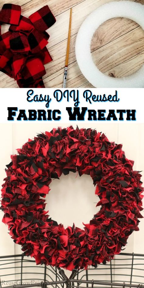 Straw Wreath Ideas Diy, Fabric Christmas Wreath, Reuse Fabric, Fabric Wreaths, Rag Wreaths, Christmas Ornaments Sewing Patterns, Christmas Ornaments Sewing, Americana Crafts, Fabric Christmas Ornaments Patterns